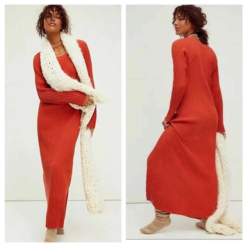 NEW Free People Dress Beach Walk About Ribbed Maxi Sweater In Rust. Bodycon S